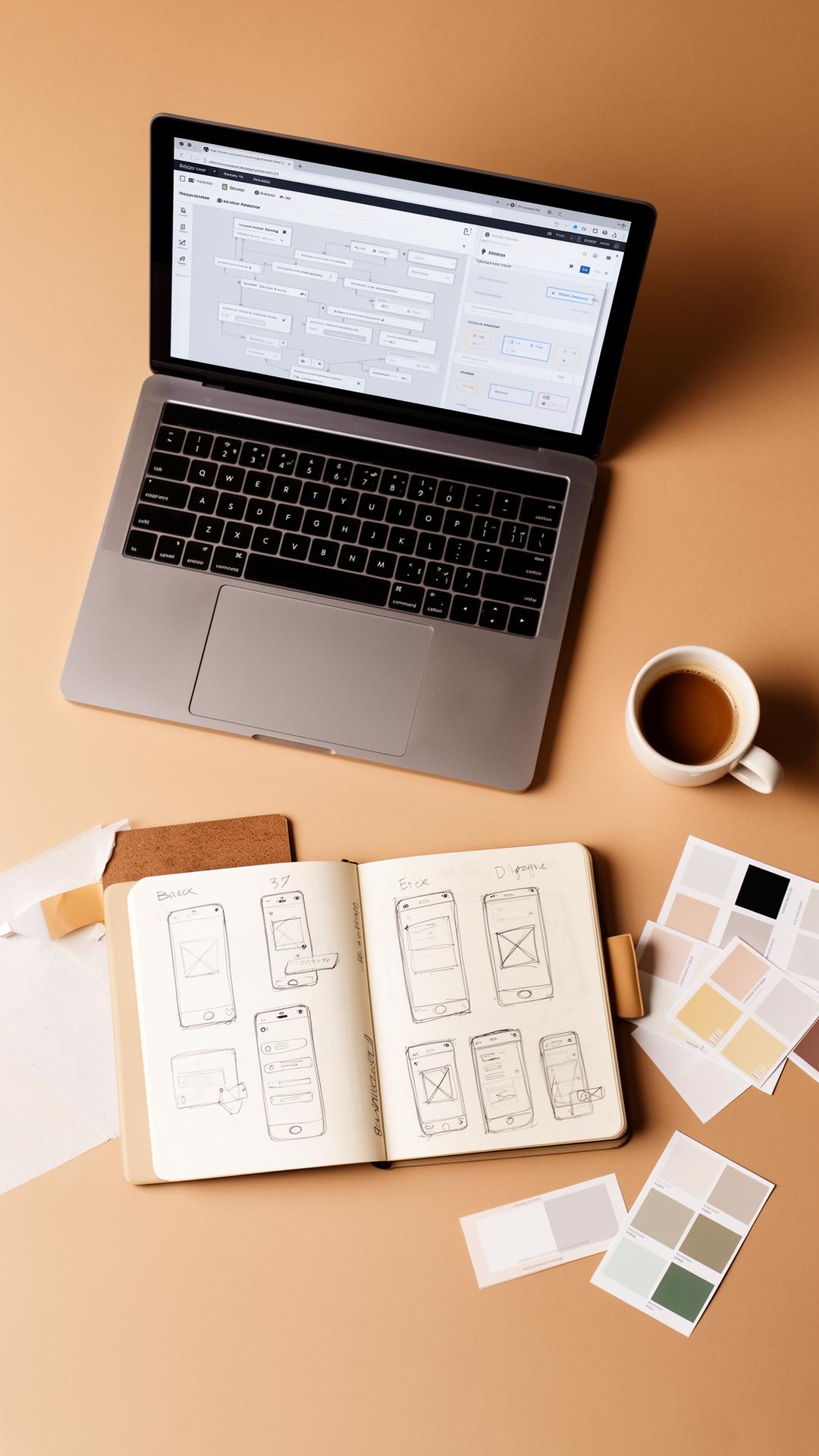 Designer workspace with wireframes, sketches, and color palettes